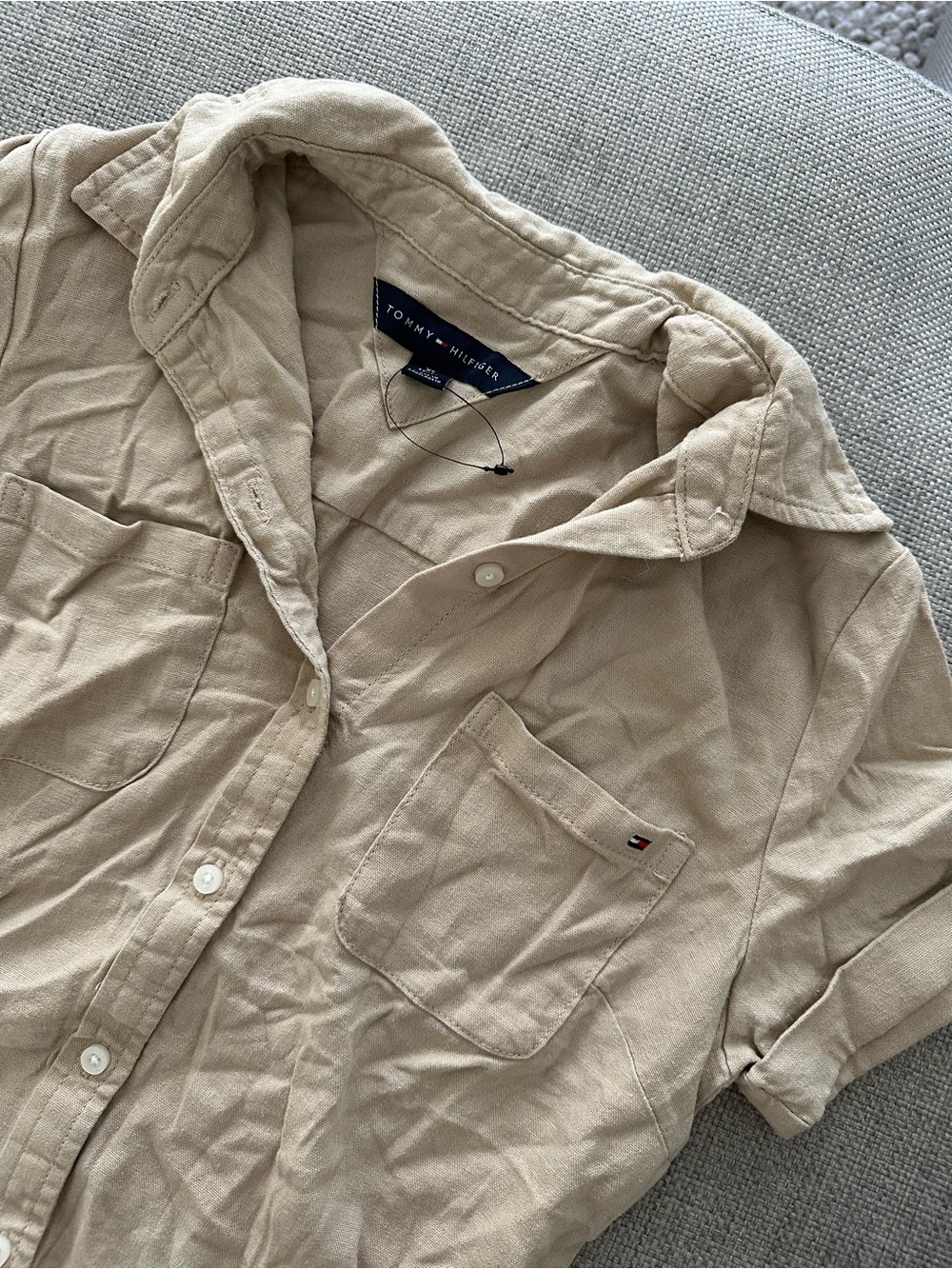 Tommy Hilfiger womens Beige Short-Sleeve Button-Up Shirt